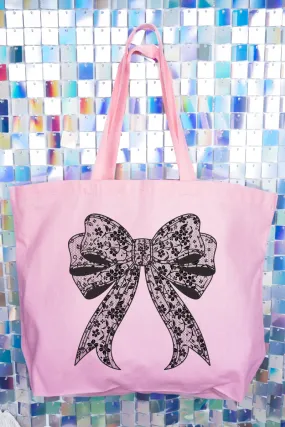 Black Lace Bow Canvas Jumbo Tote