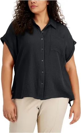 Calvin Klein Womens Black Pocketed Vented Step Hem Short Sleeve Top W2DAA554