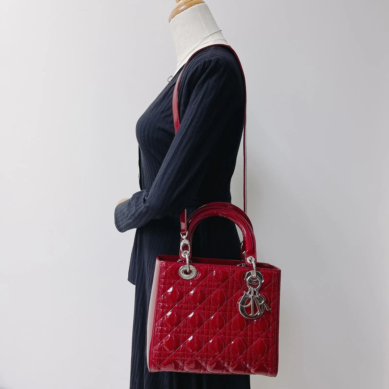 Cannage Lady Dior Medium in Patent Red with SHW