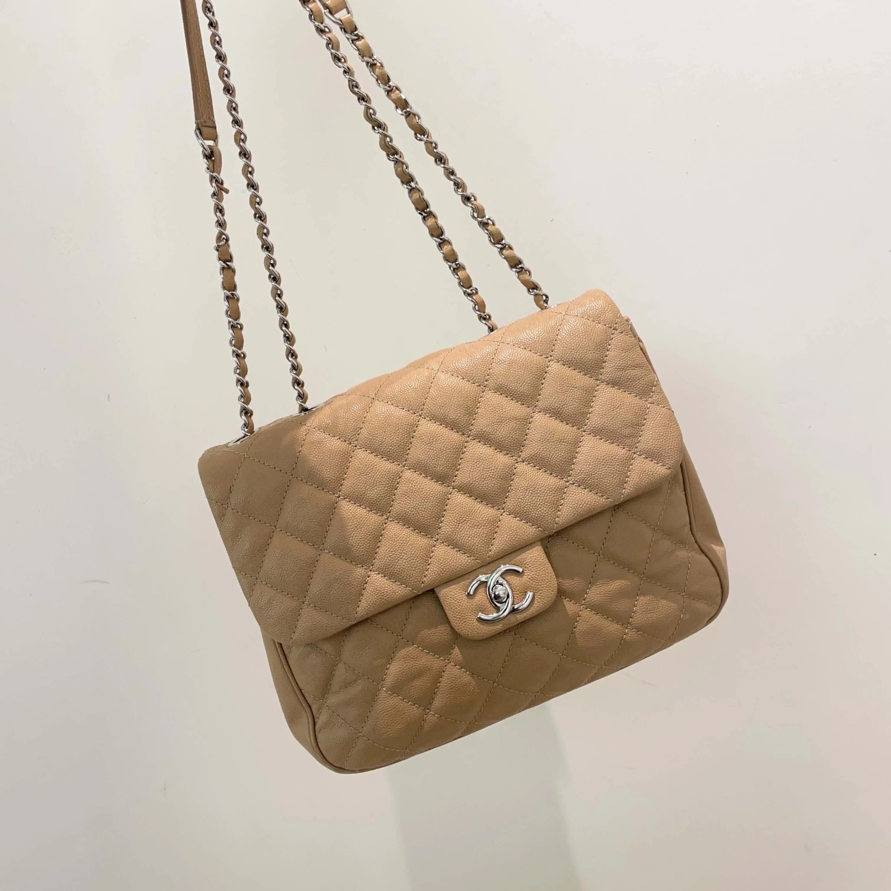 Chanel Beige Flap Bag Medium Quilted Chain Shoulder