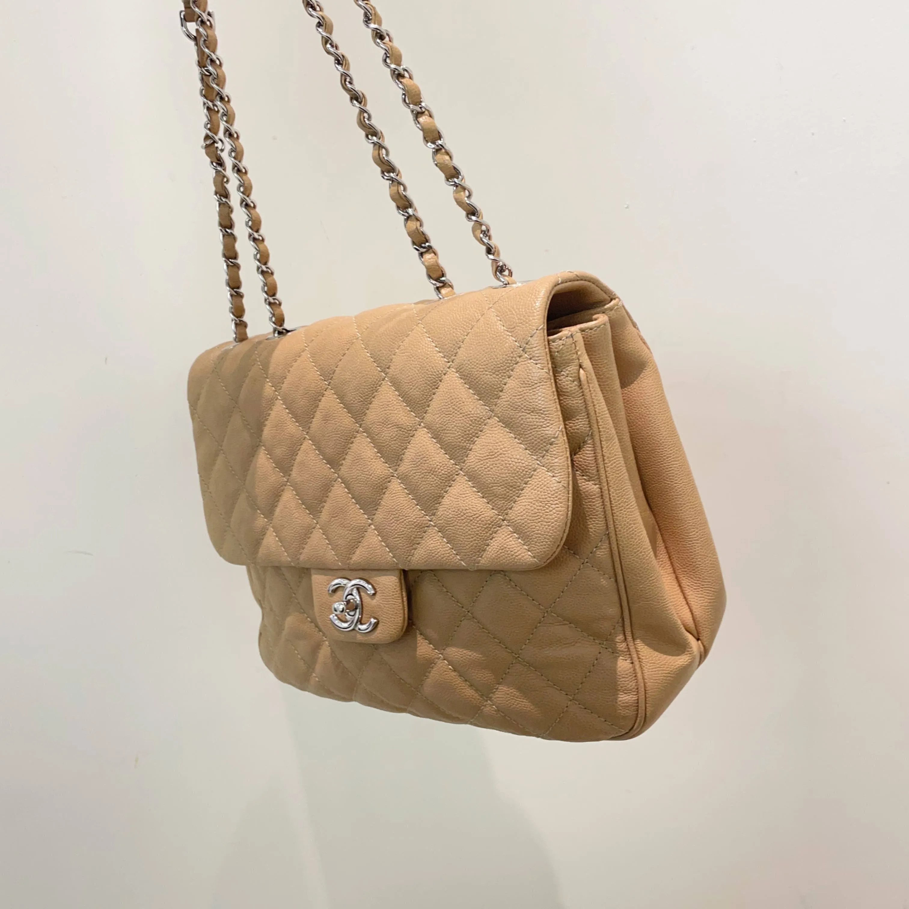 Chanel Beige Flap Bag Medium Quilted Chain Shoulder