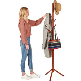 (Cherry) - Zober Premium Wooden Coat Rack Free Standing, with 6 Hooks Lacquered Pine Wood Tree Coat Rack Stand for Coats, Hats, Scarves, Clothes, and Handbags - Cherry Wood Finish