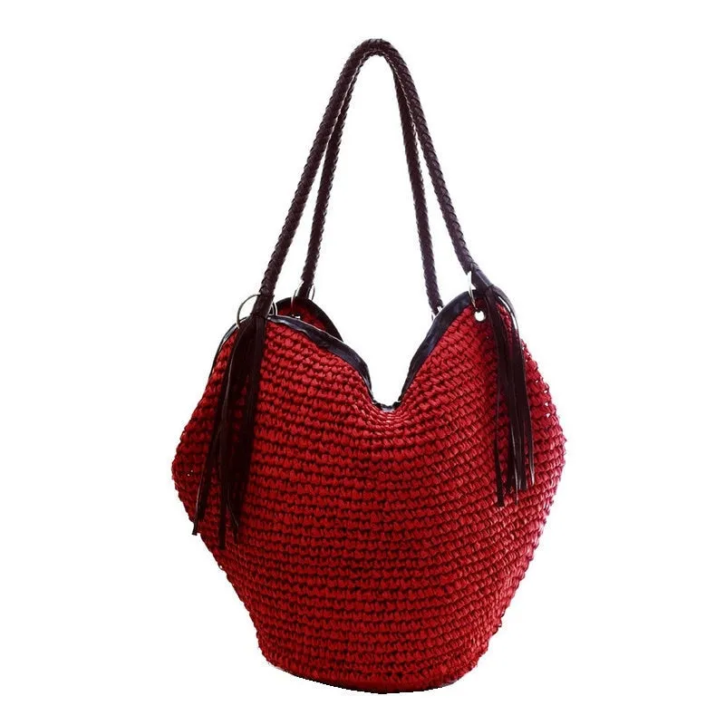 Christmas Gift Bohemian Straw Women Shoulder Bags Casual Large Capacity Rattan Tote Woven Wicker Tassel Buckets Lady Handbags Summer Beach Sac