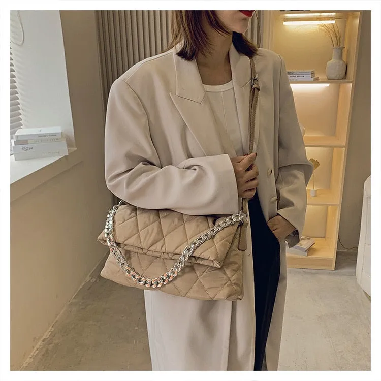 Christmas Gift Casual Lingge Chains Nylon Crossbody Bag for Women Quilted Women Shoulder Bags Sapce Cotton Padded Handbags Big Tote 2021 Winter