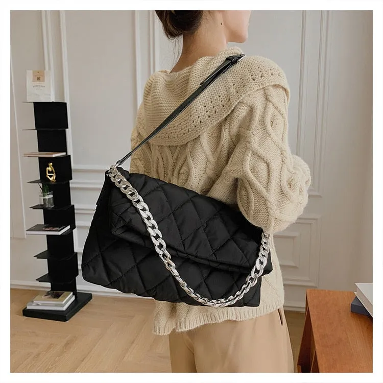 Christmas Gift Casual Lingge Chains Nylon Crossbody Bag for Women Quilted Women Shoulder Bags Sapce Cotton Padded Handbags Big Tote 2021 Winter