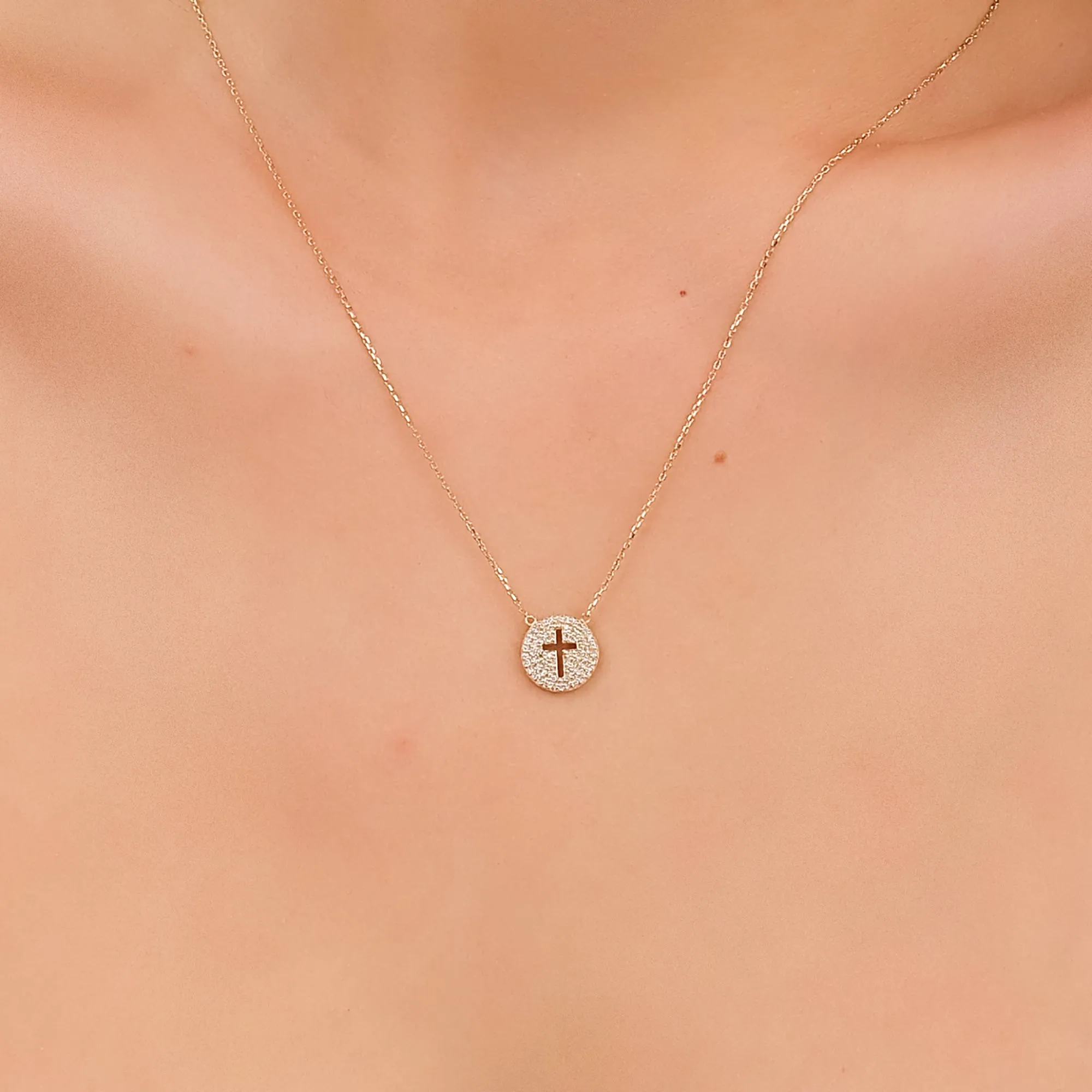 Cross Cutout Diamond Disc Necklace, Magdalen