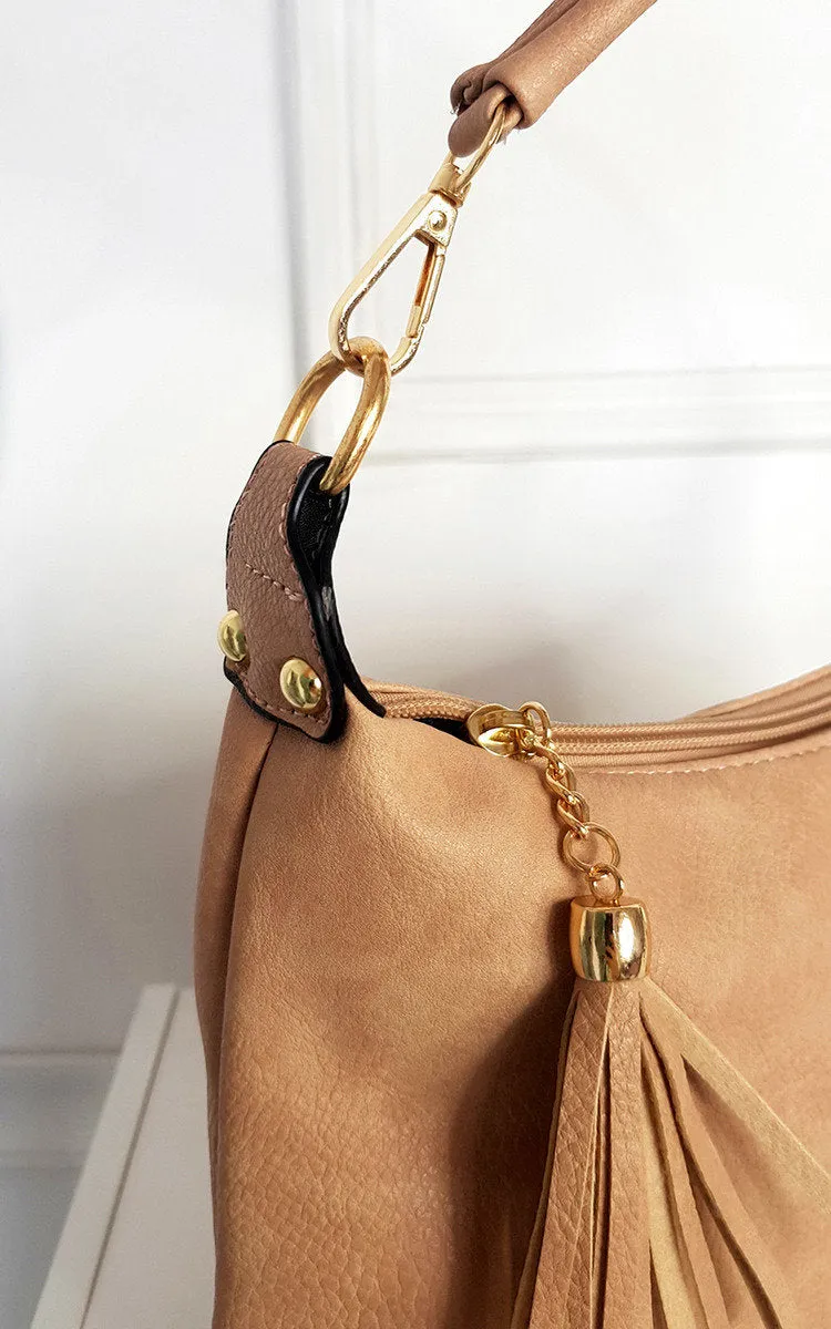 Faux Leather Shoulder Bag with Tassel Zip and Removable Strap