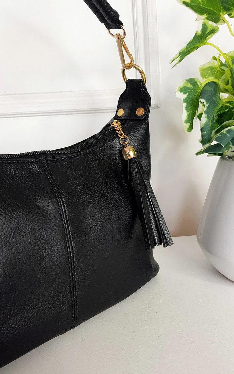 Faux Leather Shoulder Bag with Tassel Zip and Removable Strap