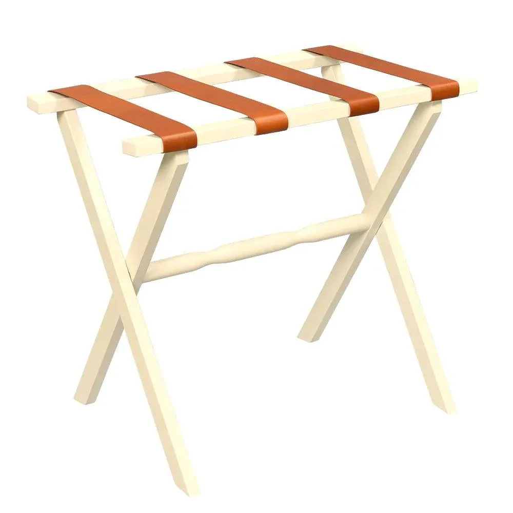 Ivory Straight Leg Wood Luggage Rack with 4 Tan Leather Straps