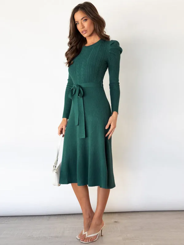 Knit Sweater Belted Dress with Ribbed & Cable Detail, Puff Sleeve