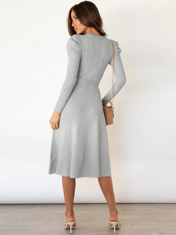 Knit Sweater Belted Dress with Ribbed & Cable Detail, Puff Sleeve