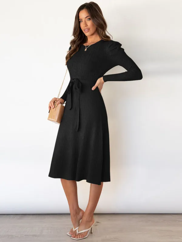 Knit Sweater Belted Dress with Ribbed & Cable Detail, Puff Sleeve