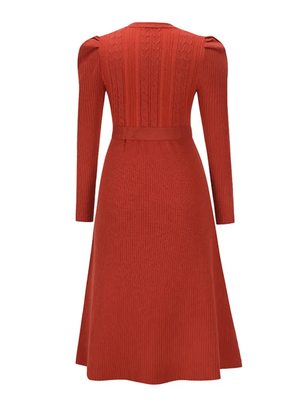 Knit Sweater Belted Dress with Ribbed & Cable Detail, Puff Sleeve