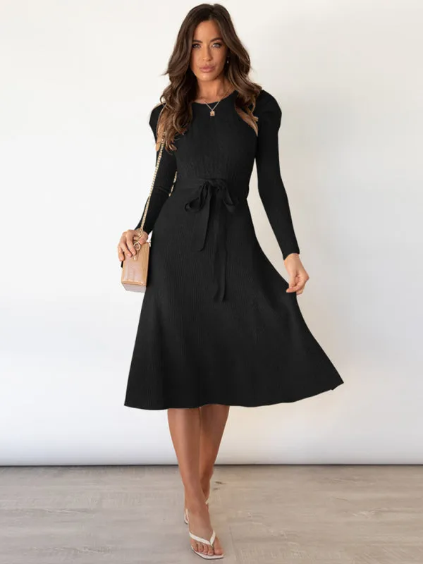 Knit Sweater Belted Dress with Ribbed & Cable Detail, Puff Sleeve