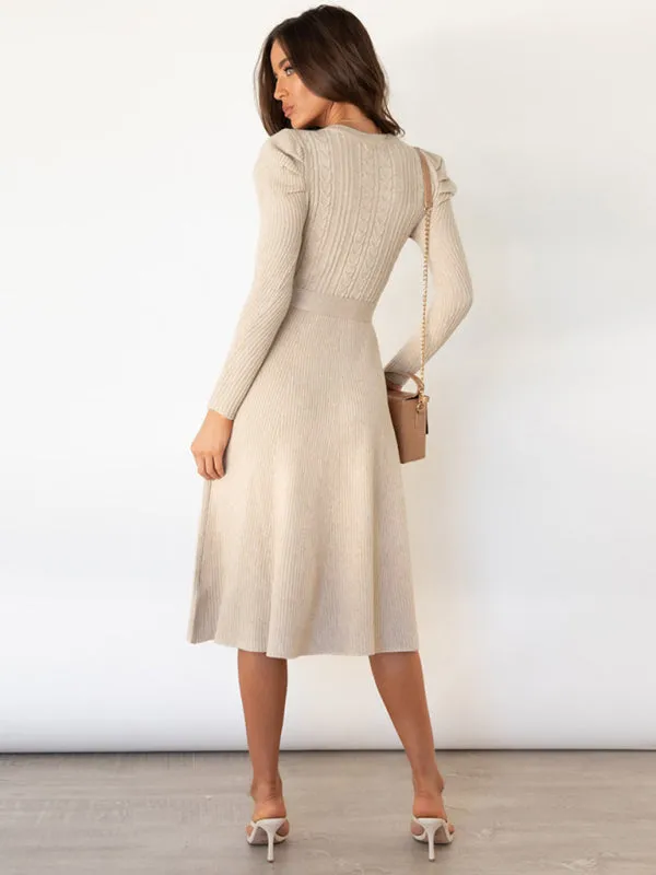 Knit Sweater Belted Dress with Ribbed & Cable Detail, Puff Sleeve