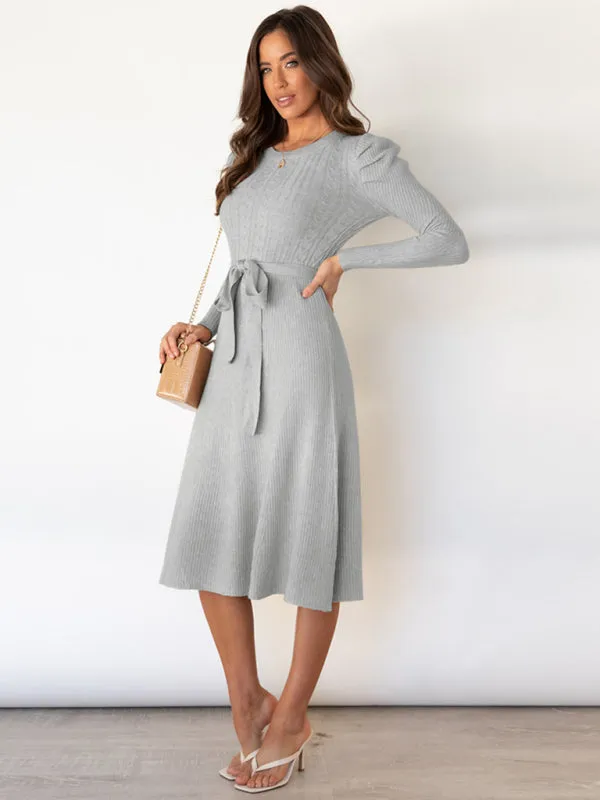 Knit Sweater Belted Dress with Ribbed & Cable Detail, Puff Sleeve