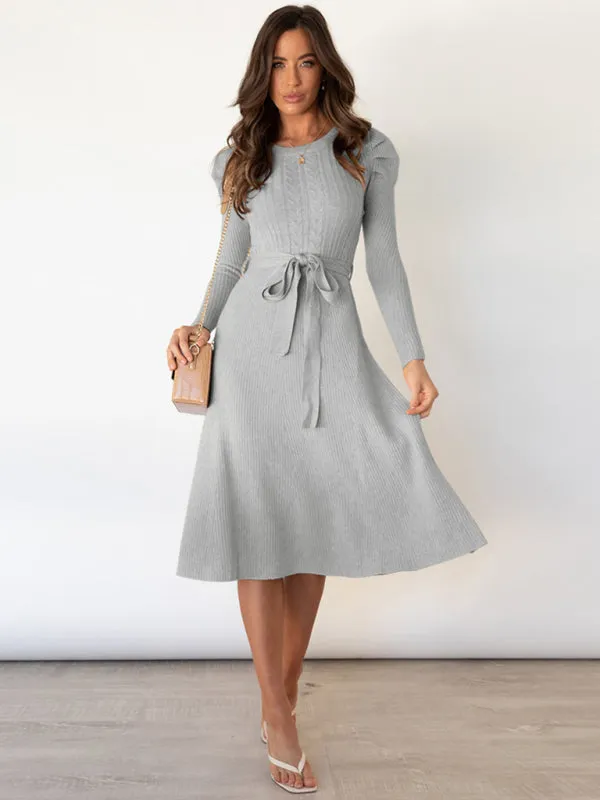 Knit Sweater Belted Dress with Ribbed & Cable Detail, Puff Sleeve