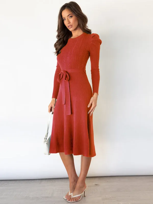 Knit Sweater Belted Dress with Ribbed & Cable Detail, Puff Sleeve