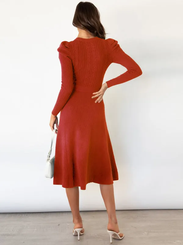 Knit Sweater Belted Dress with Ribbed & Cable Detail, Puff Sleeve