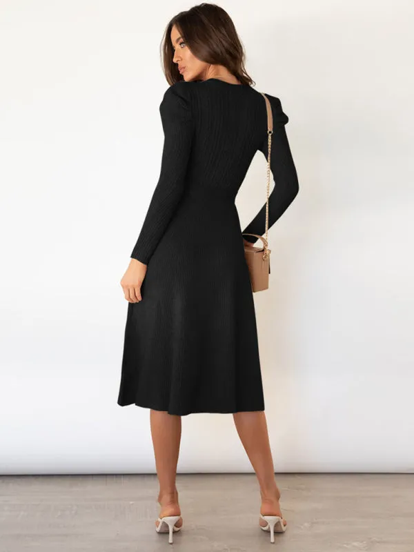 Knit Sweater Belted Dress with Ribbed & Cable Detail, Puff Sleeve