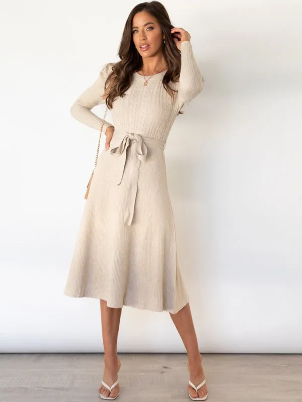 Knit Sweater Belted Dress with Ribbed & Cable Detail, Puff Sleeve