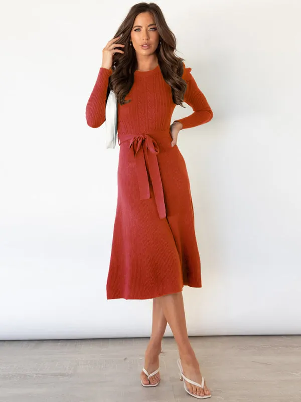 Knit Sweater Belted Dress with Ribbed & Cable Detail, Puff Sleeve