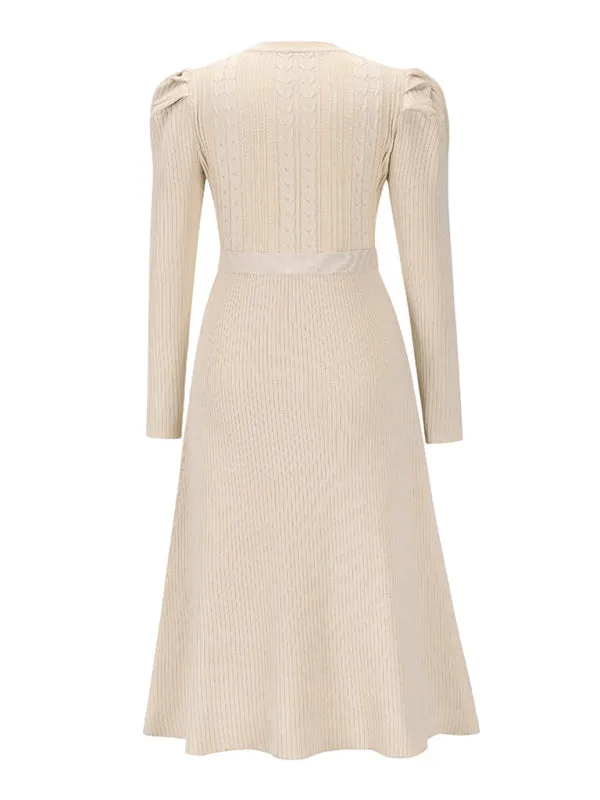 Knit Sweater Belted Dress with Ribbed & Cable Detail, Puff Sleeve