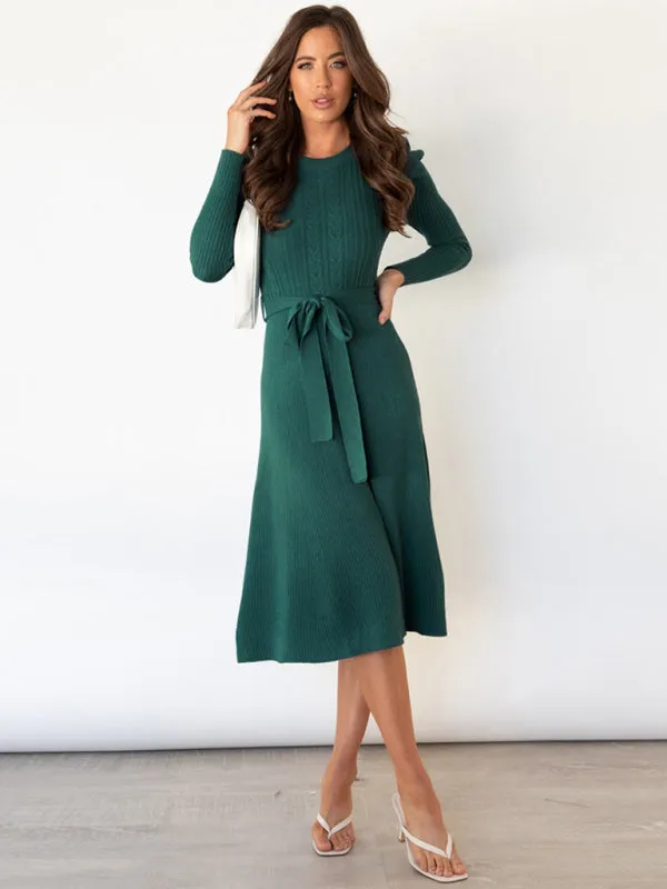 Knit Sweater Belted Dress with Ribbed & Cable Detail, Puff Sleeve