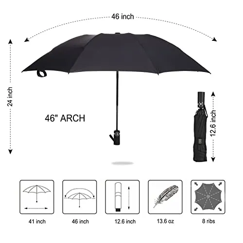 LANBRELLA Compact Reverse Folding Travel Umbrella - Black