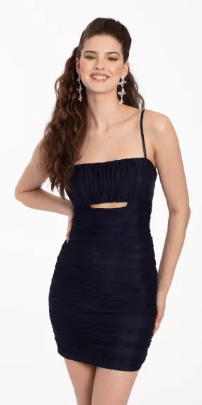 Mesh Mini Ruched Peek-a-Boo Bodycon Dress