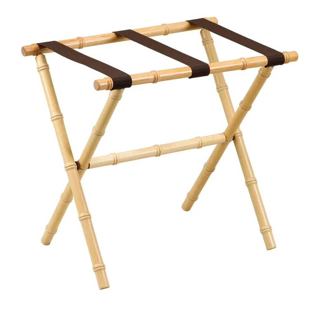 Natural Bamboo Inspired Wood Luggage Rack with 3 Brown Nylon Straps