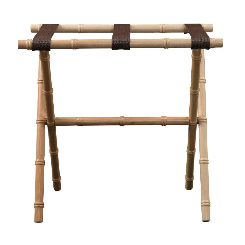 Natural Bamboo Inspired Wood Luggage Rack with 3 Brown Nylon Straps