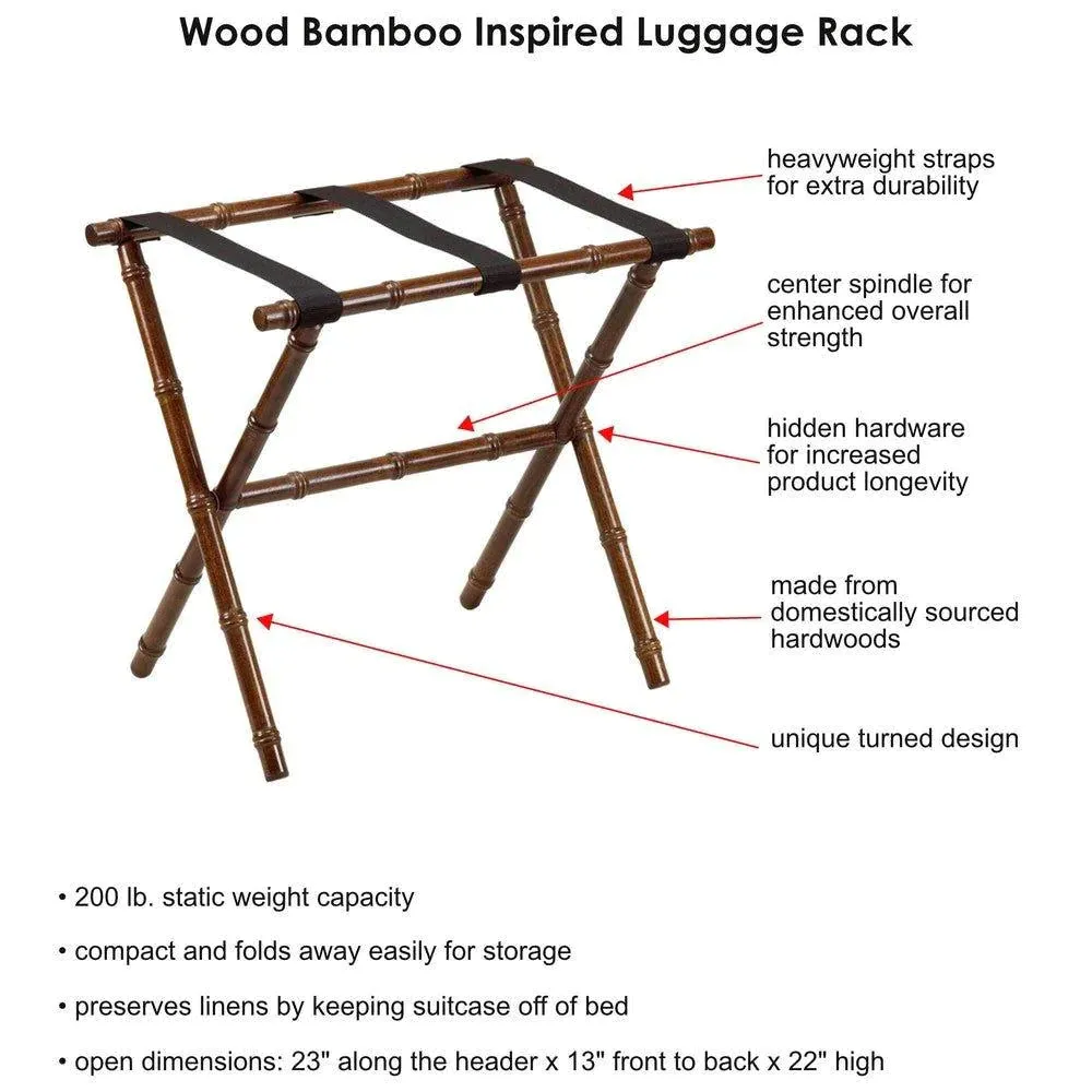 Natural Bamboo Inspired Wood Luggage Rack with 3 Brown Nylon Straps