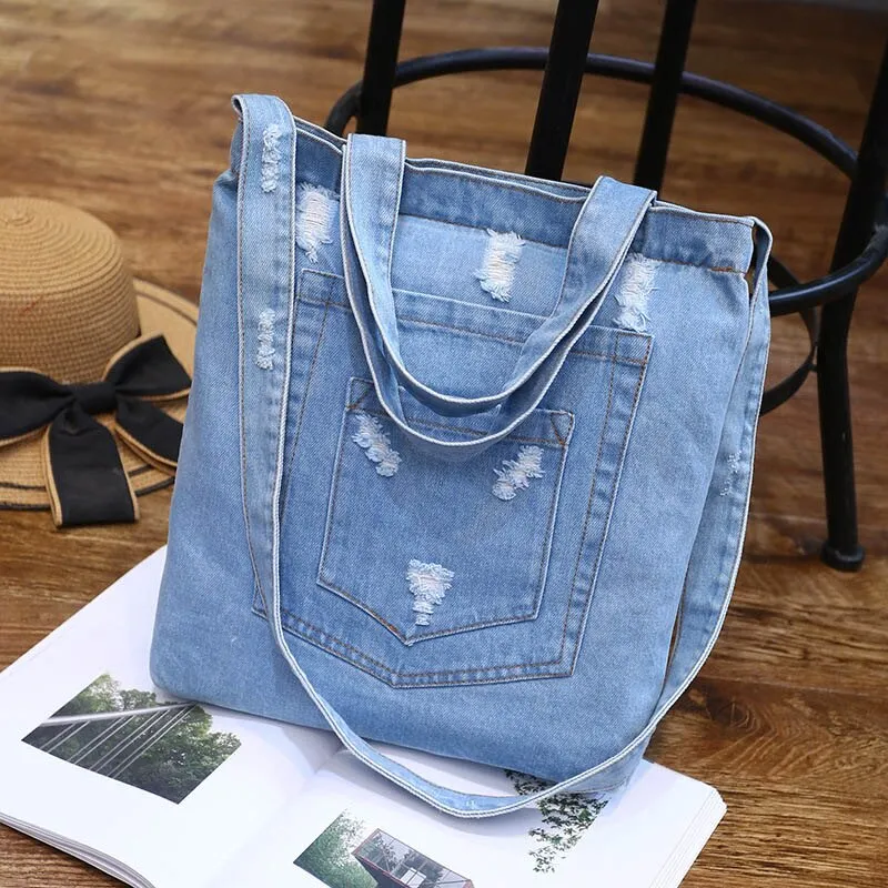 New Fashion Women Denim Shoulder Bag Cowgirl Handbag Female Shopping bag Lady Ripped Jeans Design School Books Bag Casual Totes