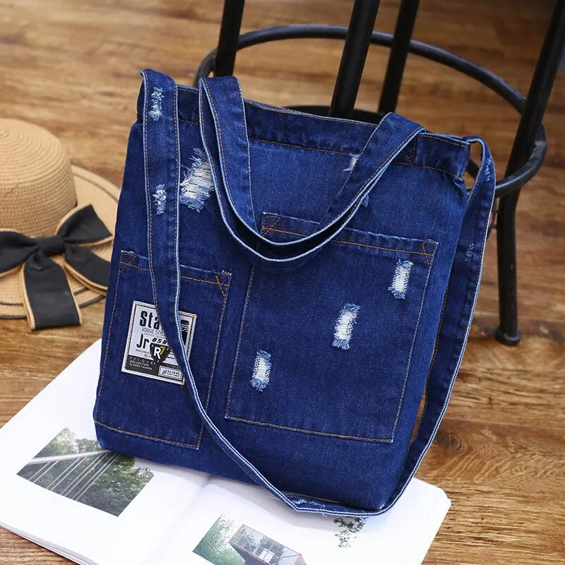 New Fashion Women Denim Shoulder Bag Cowgirl Handbag Female Shopping bag Lady Ripped Jeans Design School Books Bag Casual Totes