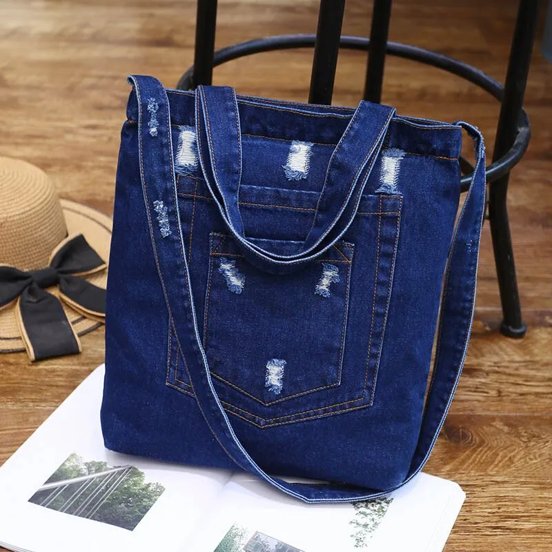 New Fashion Women Denim Shoulder Bag Cowgirl Handbag Female Shopping bag Lady Ripped Jeans Design School Books Bag Casual Totes