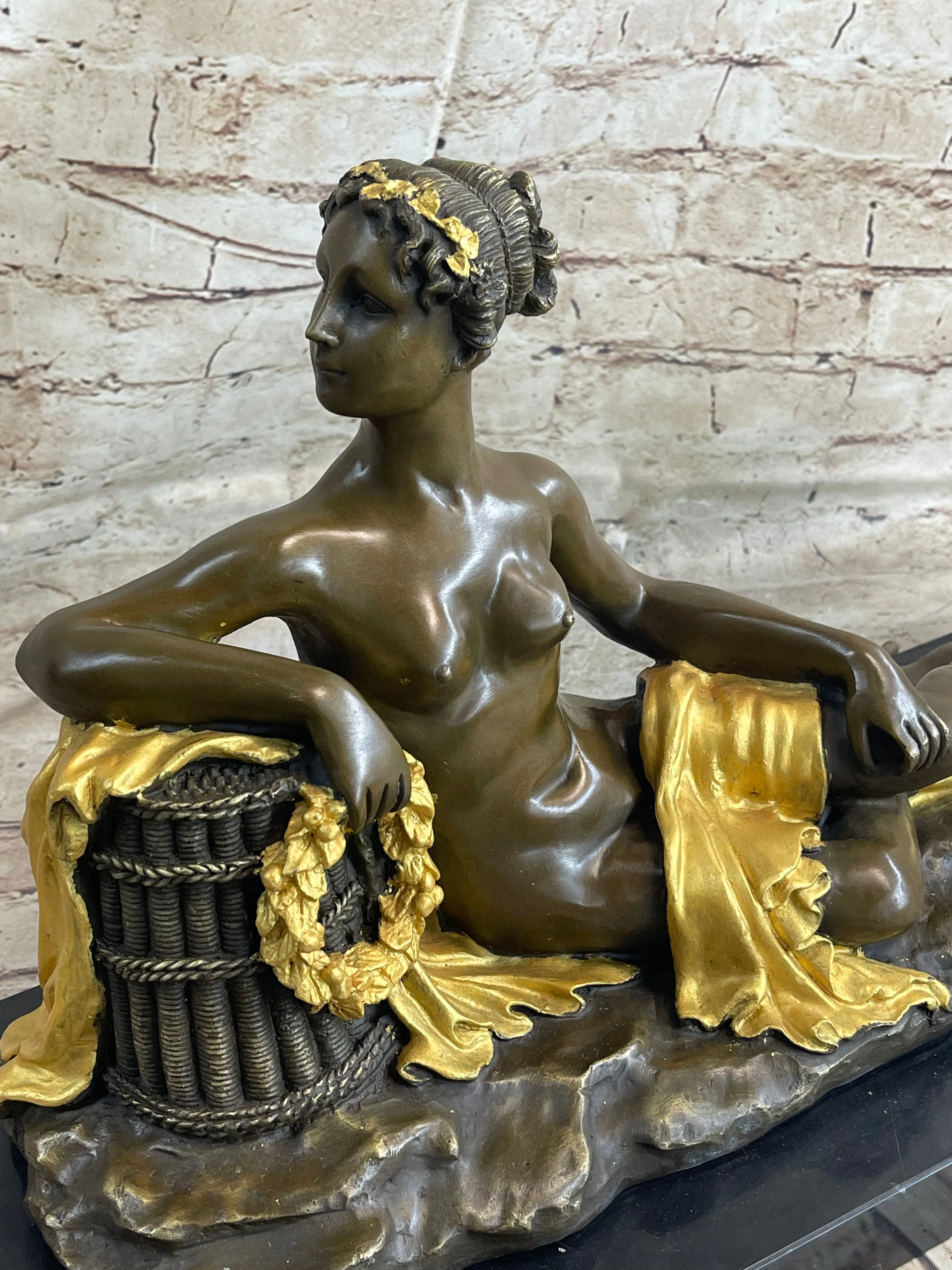 Nude Female Figure Greek Roman Goddess Lounging Bronze Statue Sculpture Gold Patina