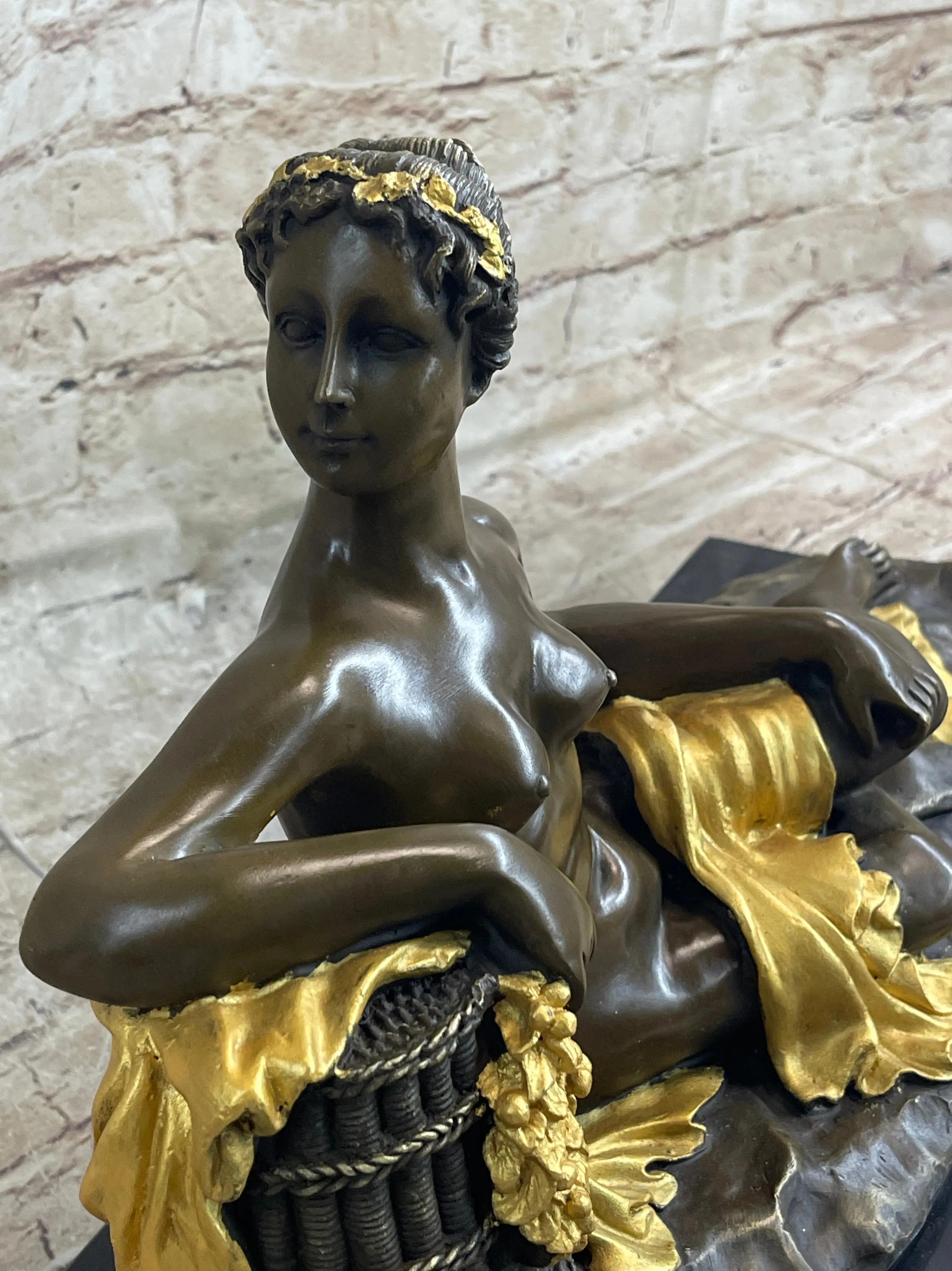 Nude Female Figure Greek Roman Goddess Lounging Bronze Statue Sculpture Gold Patina