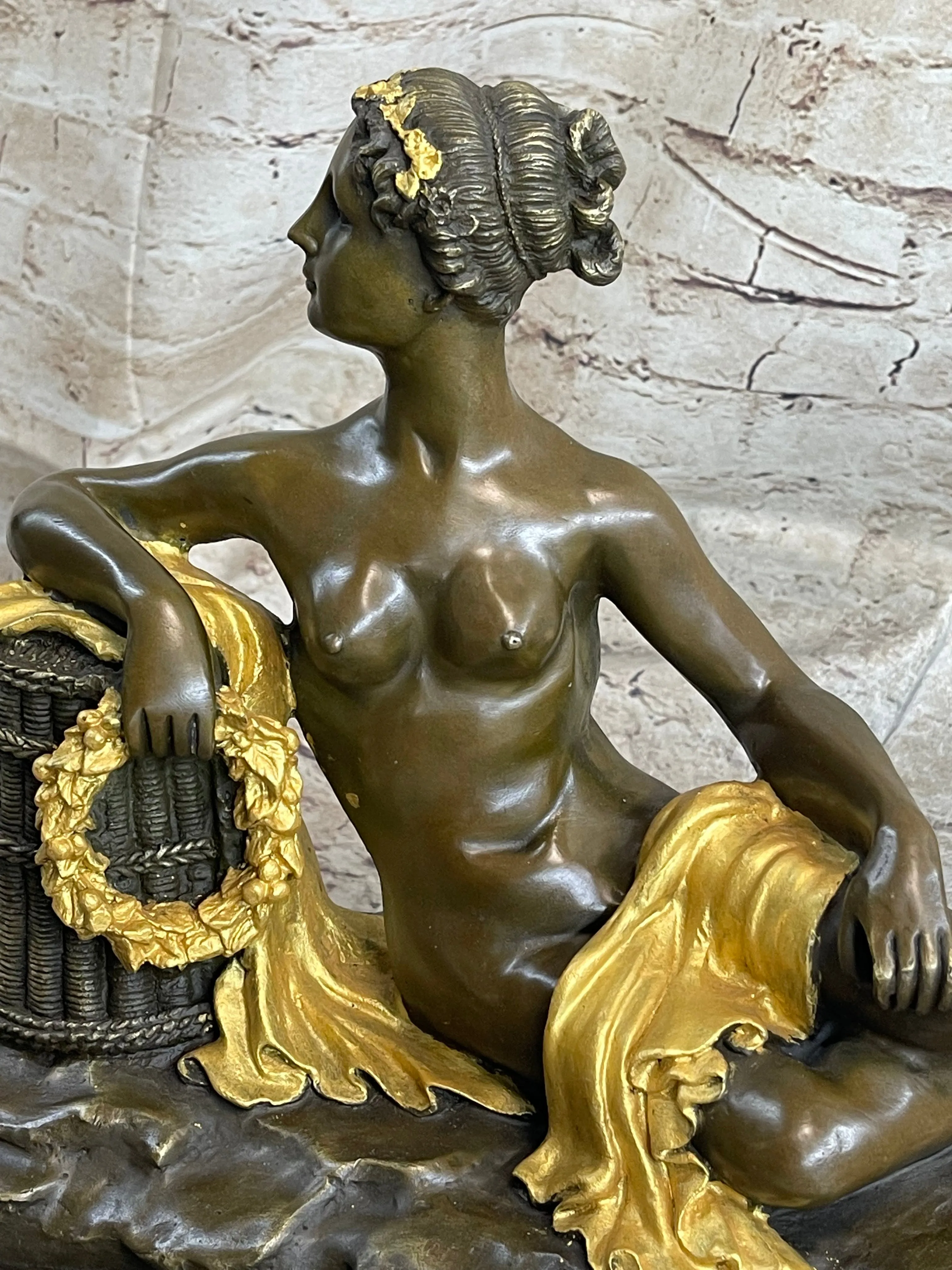 Nude Female Figure Greek Roman Goddess Lounging Bronze Statue Sculpture Gold Patina