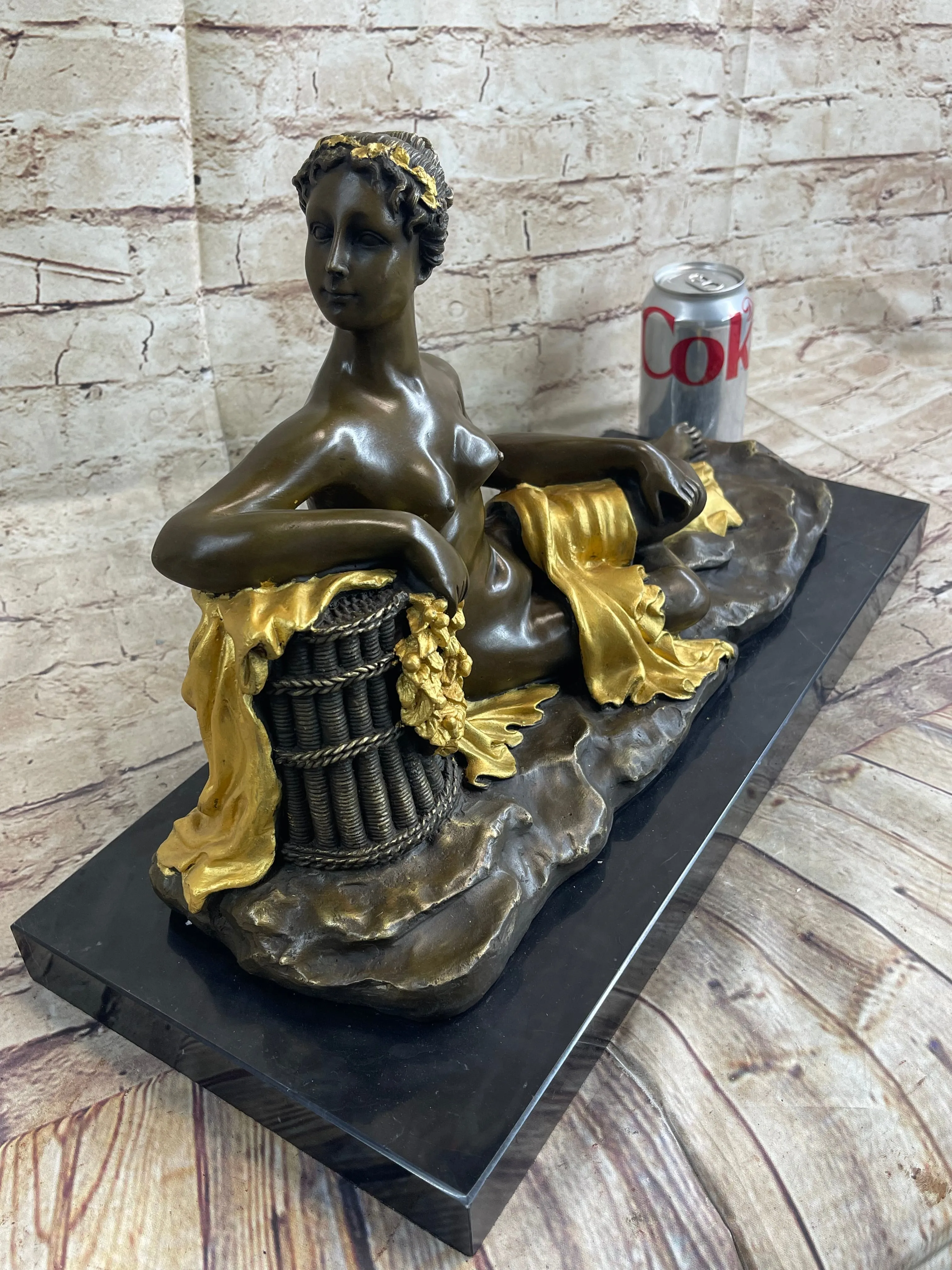 Nude Female Figure Greek Roman Goddess Lounging Bronze Statue Sculpture Gold Patina