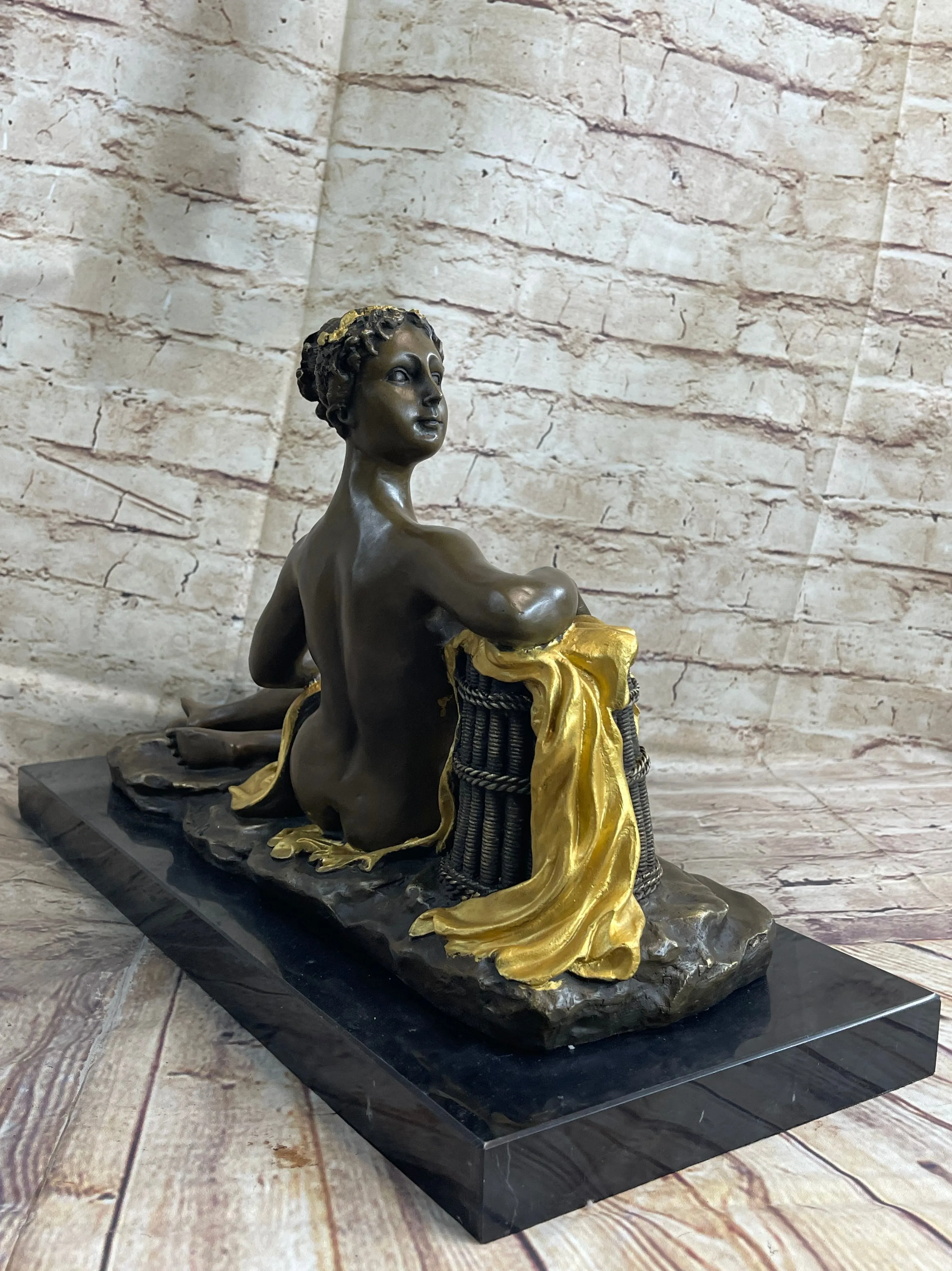 Nude Female Figure Greek Roman Goddess Lounging Bronze Statue Sculpture Gold Patina