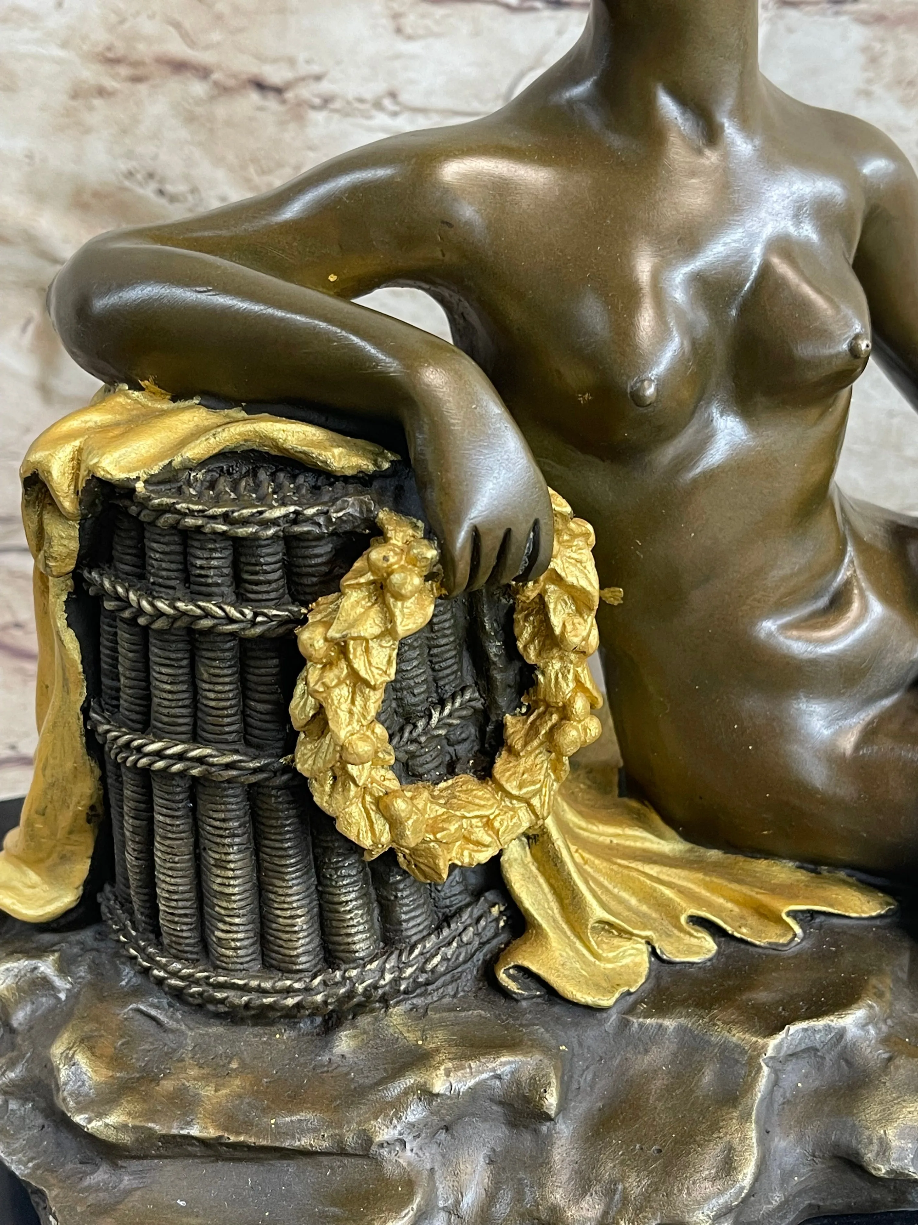 Nude Female Figure Greek Roman Goddess Lounging Bronze Statue Sculpture Gold Patina