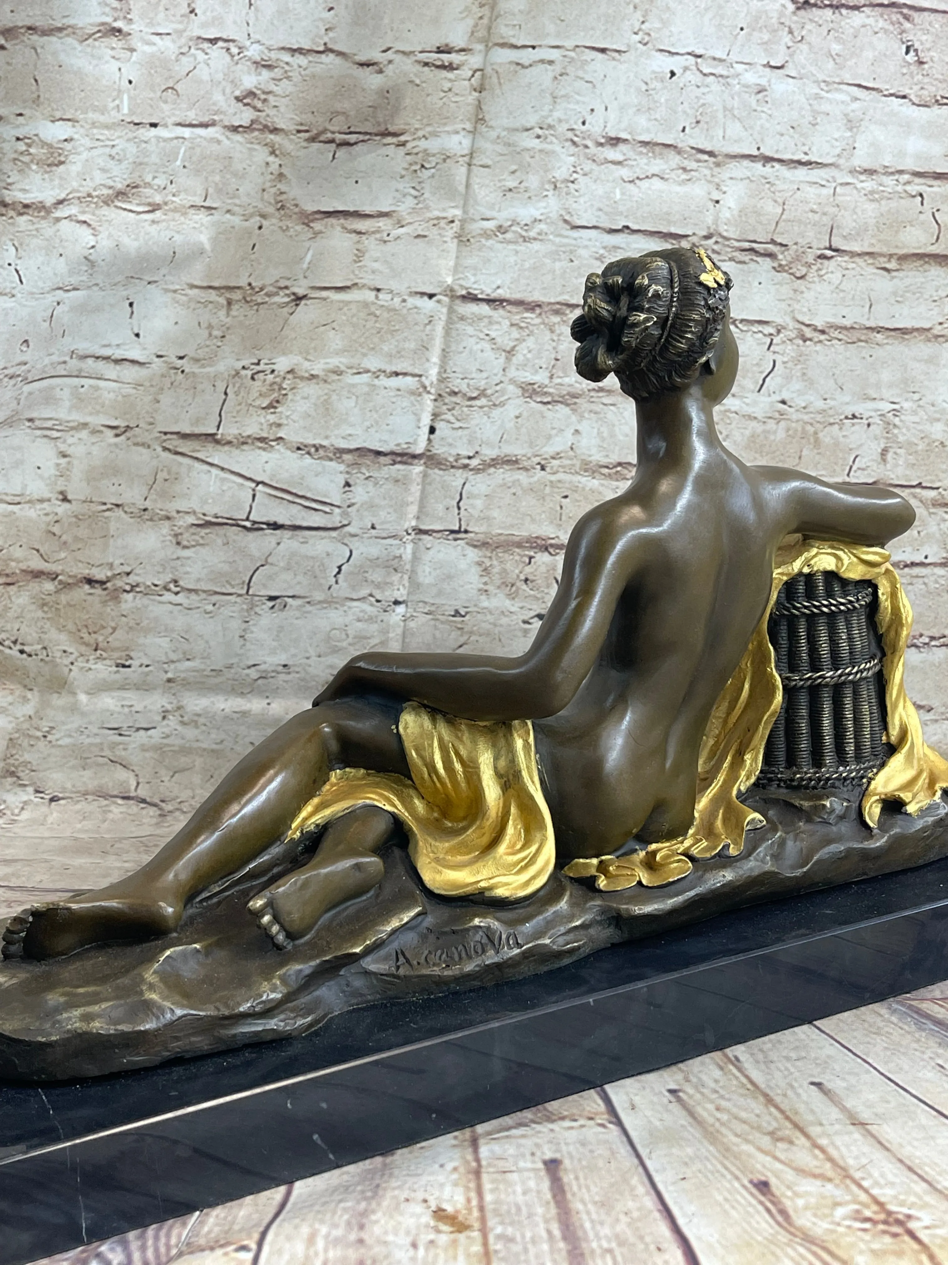 Nude Female Figure Greek Roman Goddess Lounging Bronze Statue Sculpture Gold Patina