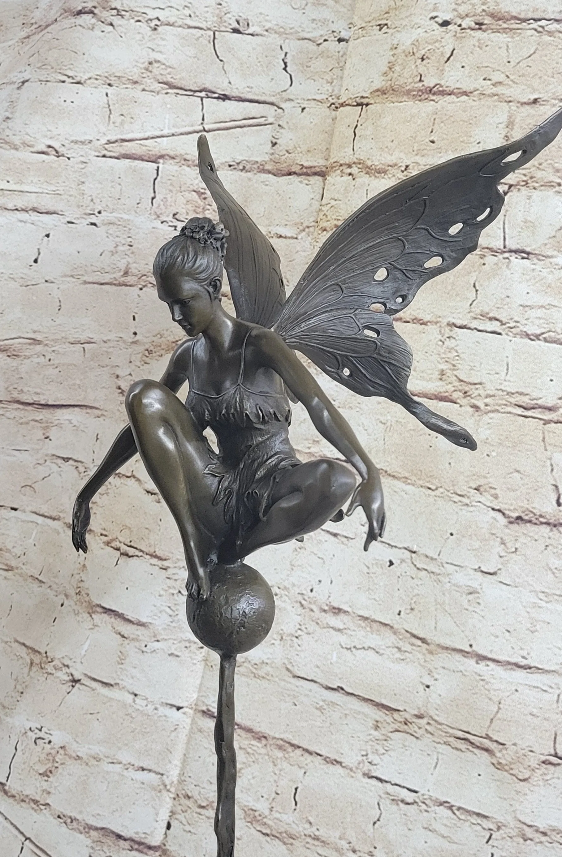 Signed Original Bronze Metal Fairy Angel Statue Sculpture Art Deco Marble 24" x 9.5"