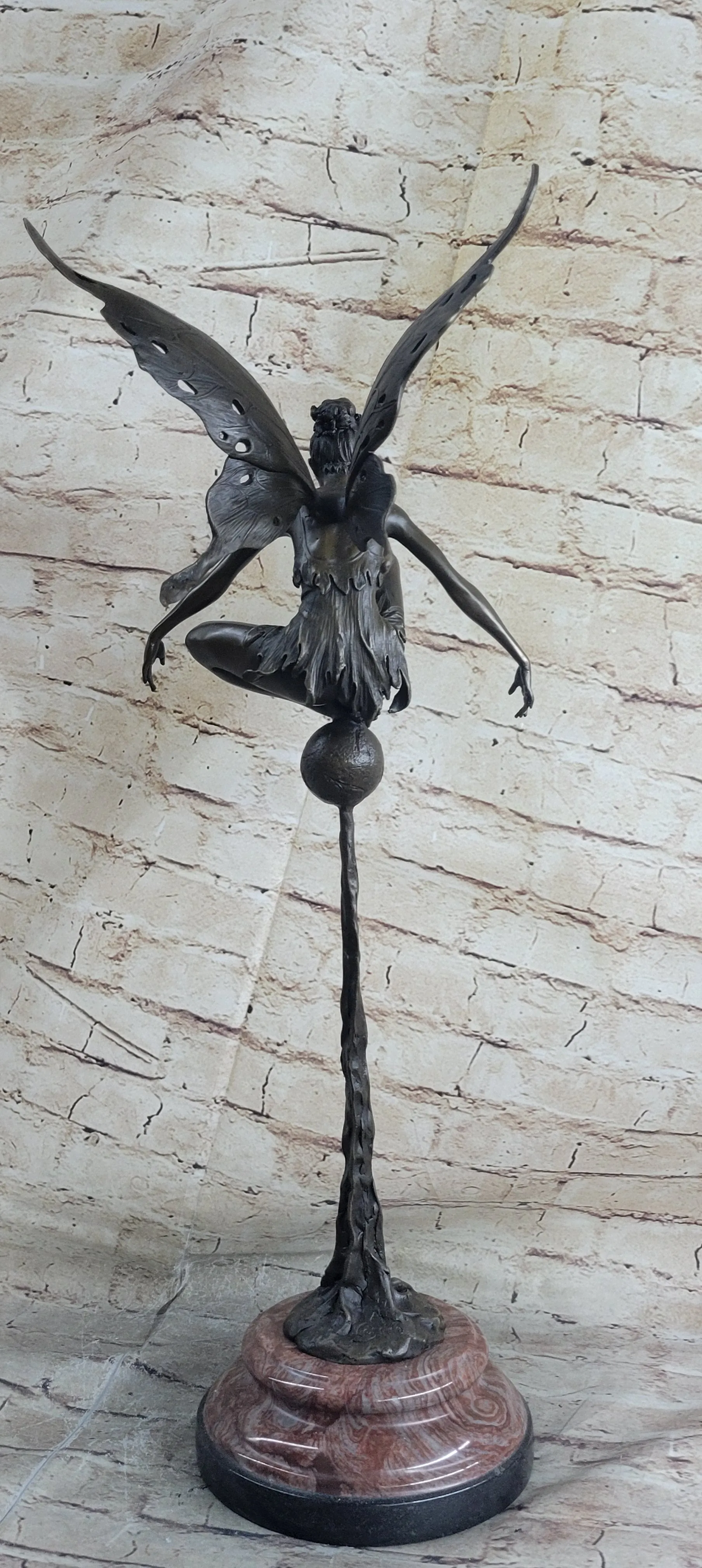 Signed Original Bronze Metal Fairy Angel Statue Sculpture Art Deco Marble 24" x 9.5"