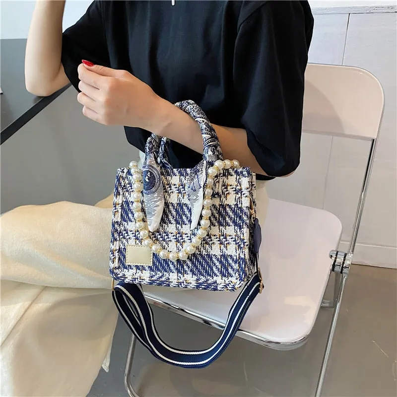 Small Canvas Pearl Scarf Designer Crossbody Bag for Women 2021 Summer Lady Purse and Handbag Trends Luxury Good Quality Totes