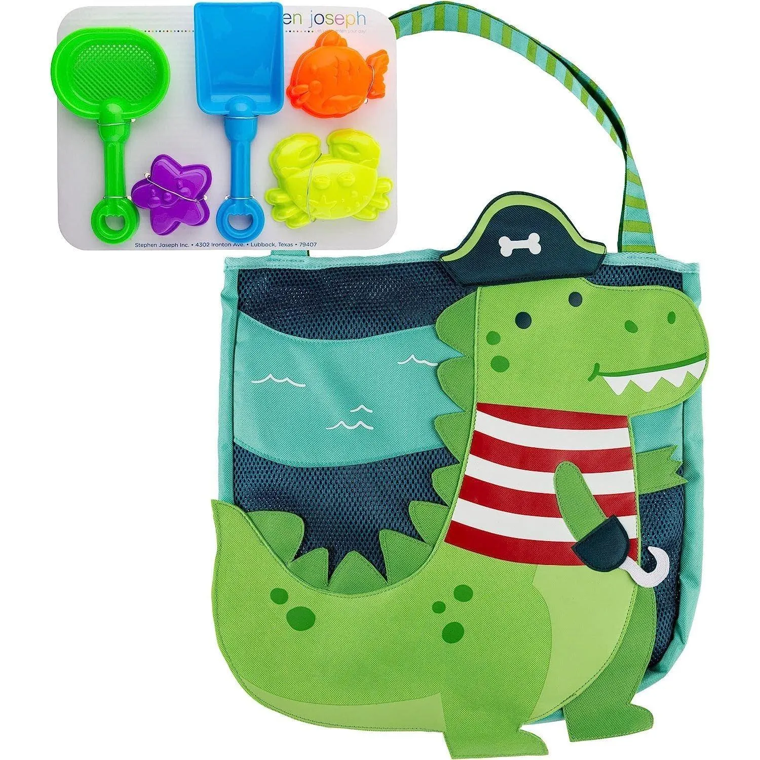 Stephen Joseph, Beach Tote with 6 Piece Sand Toys - Dino pirate