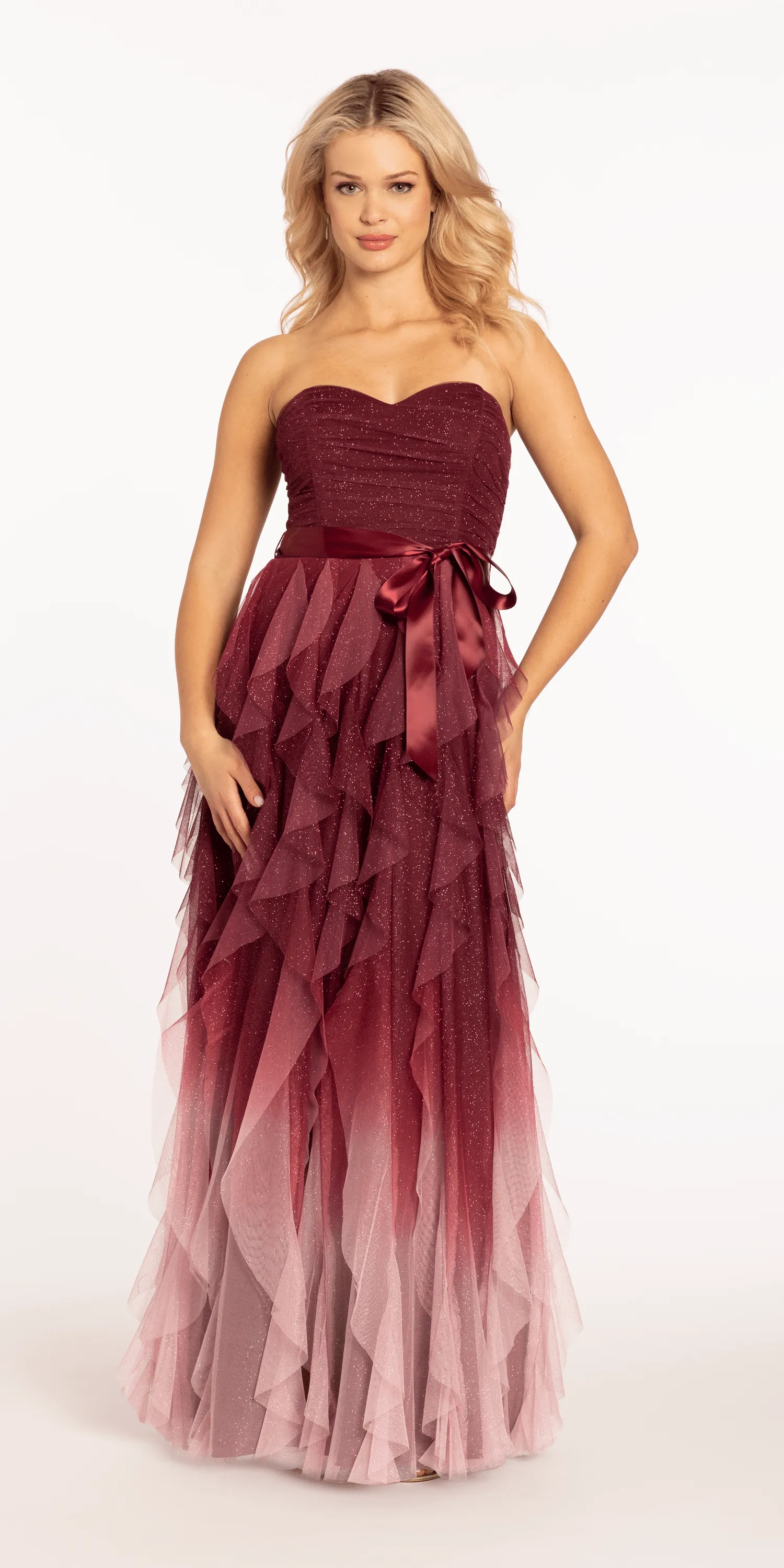 Strapless Glitter Mesh Ombre Tendril Dress with Satin Tie