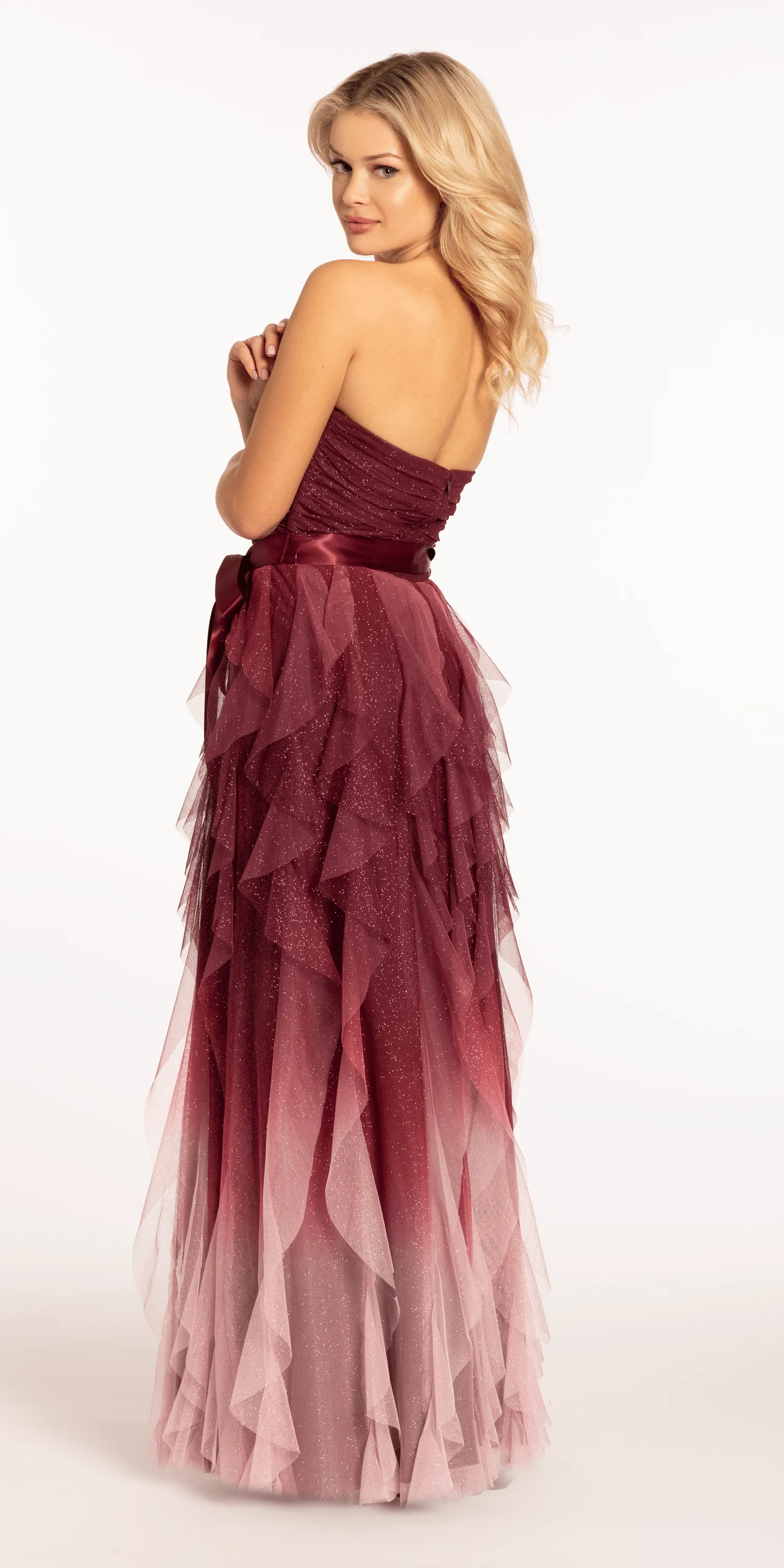 Strapless Glitter Mesh Ombre Tendril Dress with Satin Tie