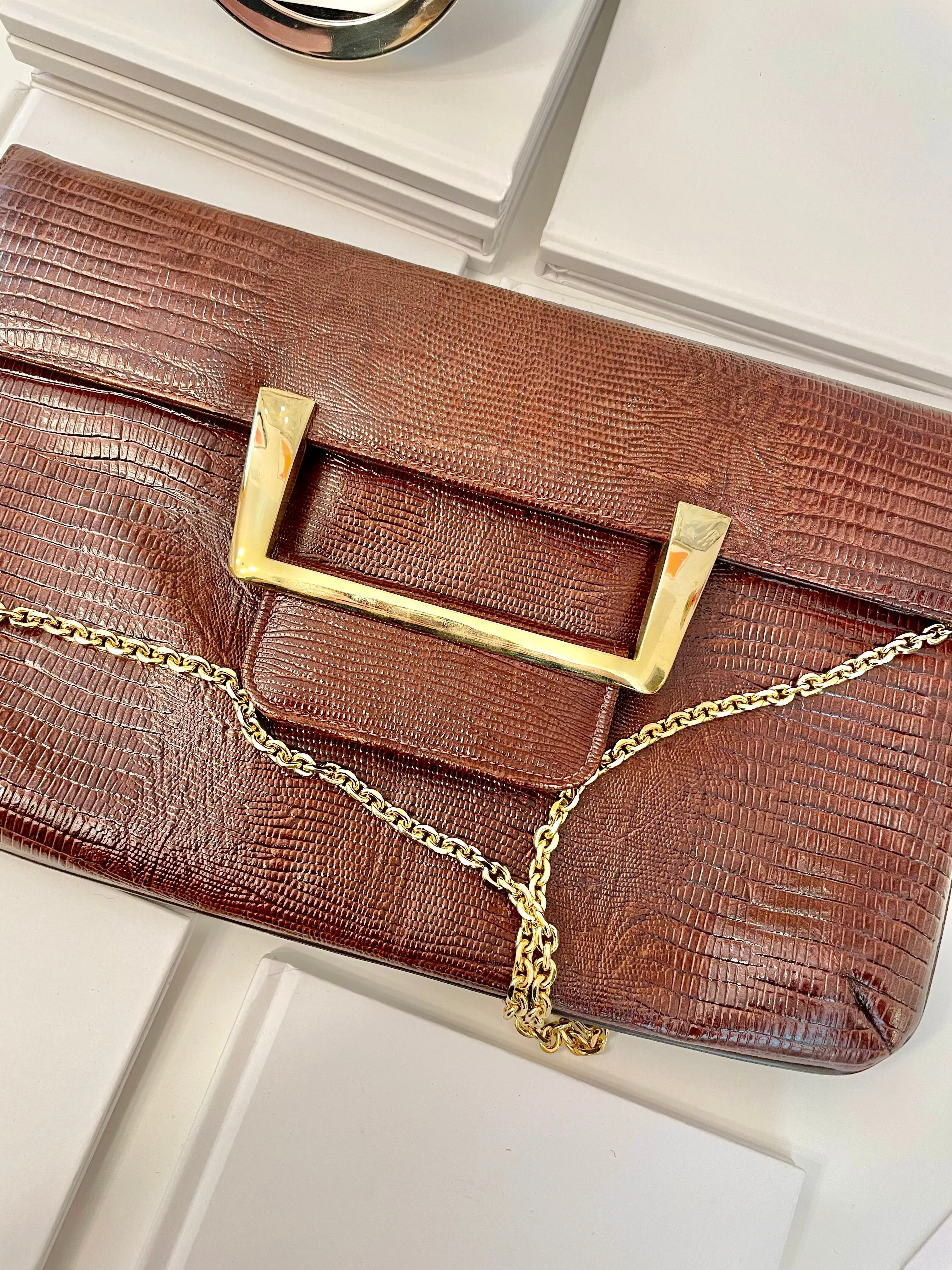 The most classy faux lizard chain bag with super chic gold buckle!